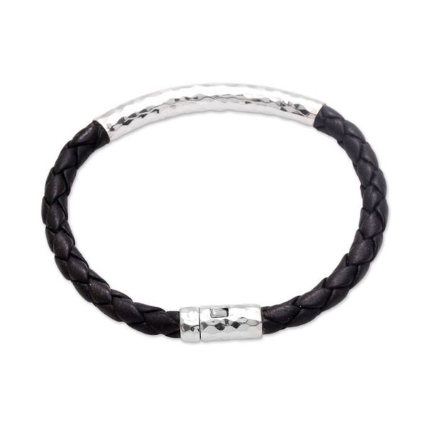 Alternate image for Sterling Silver and Leather Braided Pendant Bracelet Soul Gleam