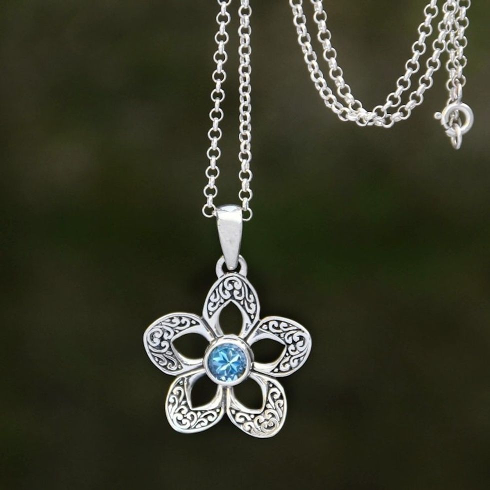 Floral Blue Topaz Pendant Necklace Crafted in Bali 'Sekar Langit'
