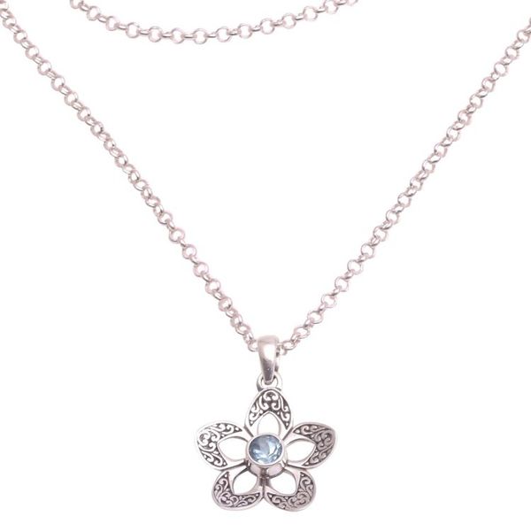 Alternate image for Floral Blue Topaz Pendant Necklace Crafted in Bali Sekar Langit