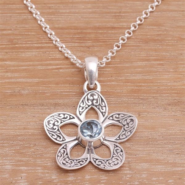 Alternate image for Floral Blue Topaz Pendant Necklace Crafted in Bali Sekar Langit