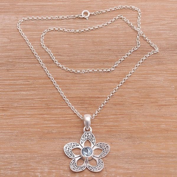 Alternate image for Floral Blue Topaz Pendant Necklace Crafted in Bali Sekar Langit
