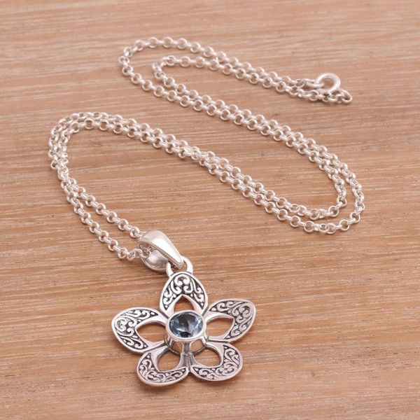 Alternate image for Floral Blue Topaz Pendant Necklace Crafted in Bali Sekar Langit