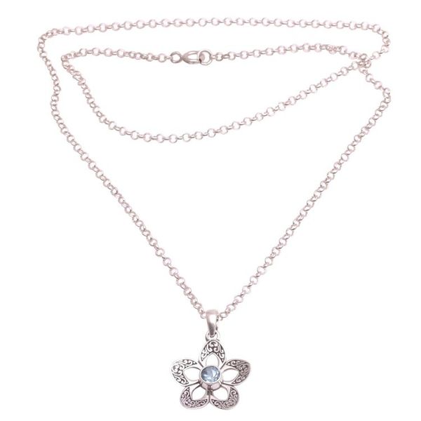 Alternate image for Floral Blue Topaz Pendant Necklace Crafted in Bali Sekar Langit