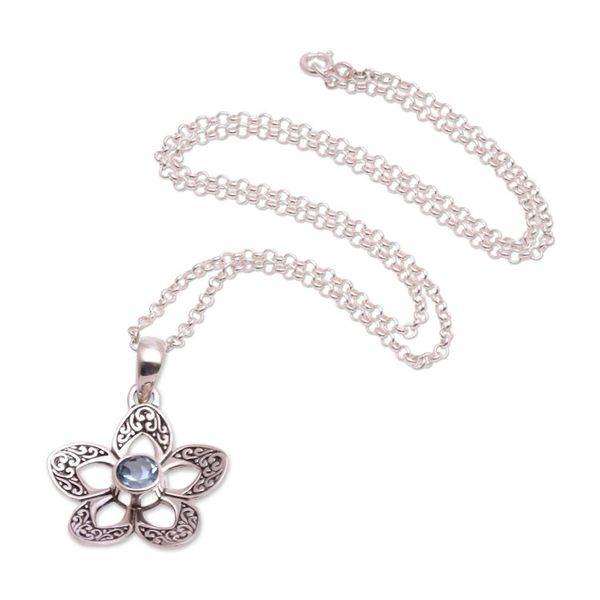 Alternate image for Floral Blue Topaz Pendant Necklace Crafted in Bali Sekar Langit
