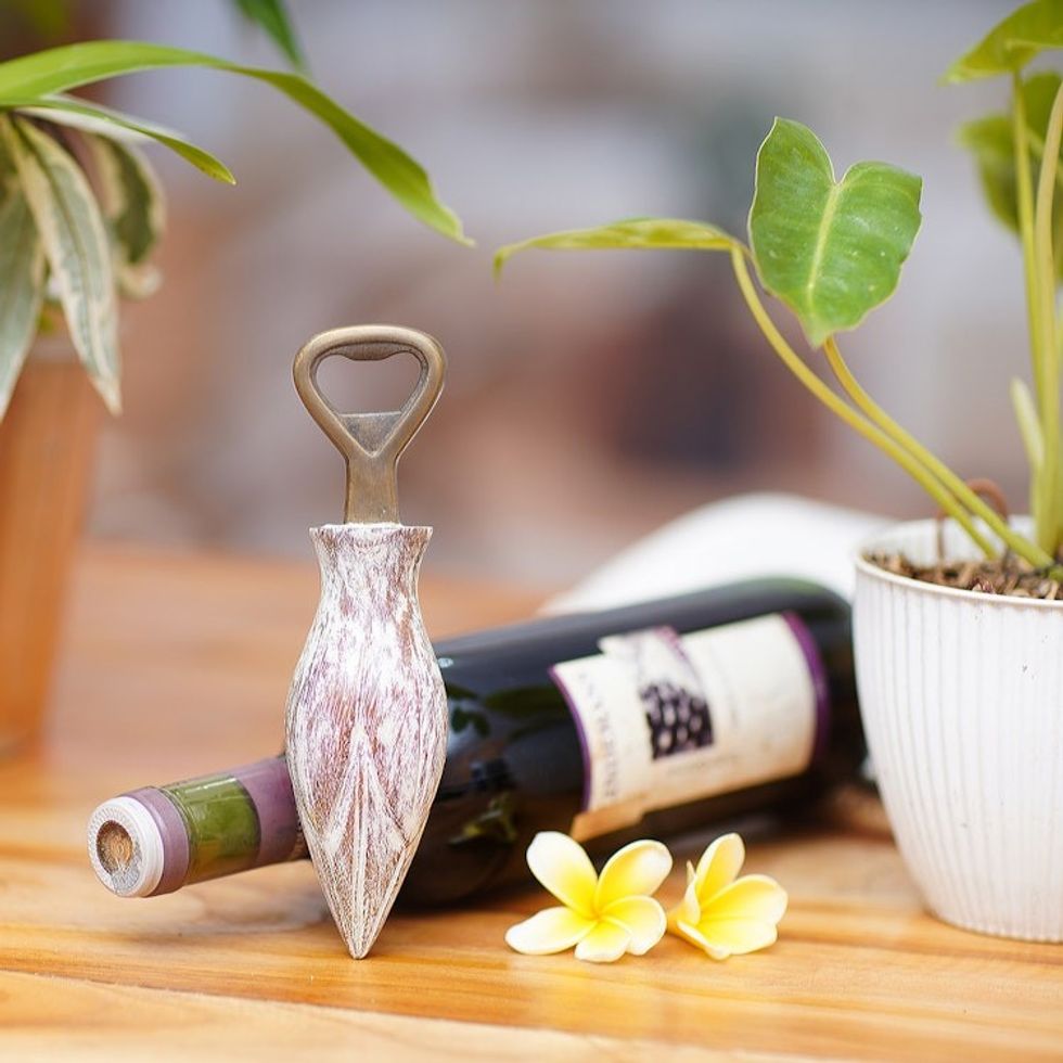 Handcrafted Wood Lotus Bottle Opener in White from Bali 'Young Lotus in White'