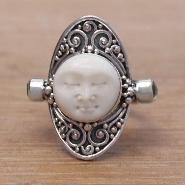 Alternate image for Carved Cow Bone Sterling Silver Blue Topaz Cocktail Ring Tranquil in Blue