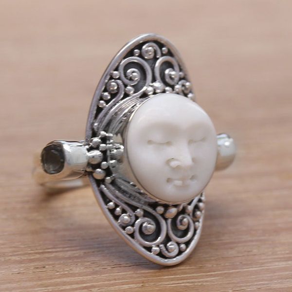 Alternate image for Carved Cow Bone Sterling Silver Blue Topaz Cocktail Ring Tranquil in Blue
