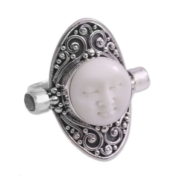 Alternate image for Carved Cow Bone Sterling Silver Blue Topaz Cocktail Ring Tranquil in Blue