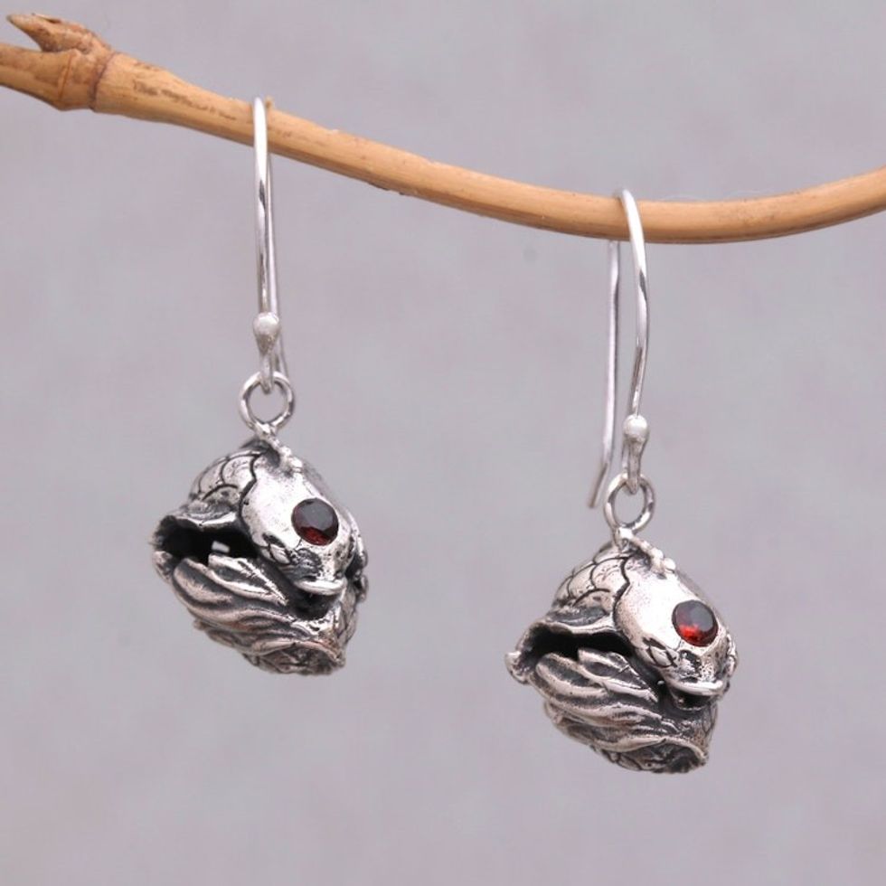 Sterling Silver Peaceful Koi Fish Garnet Dangle Earrings 'Peace Koi'