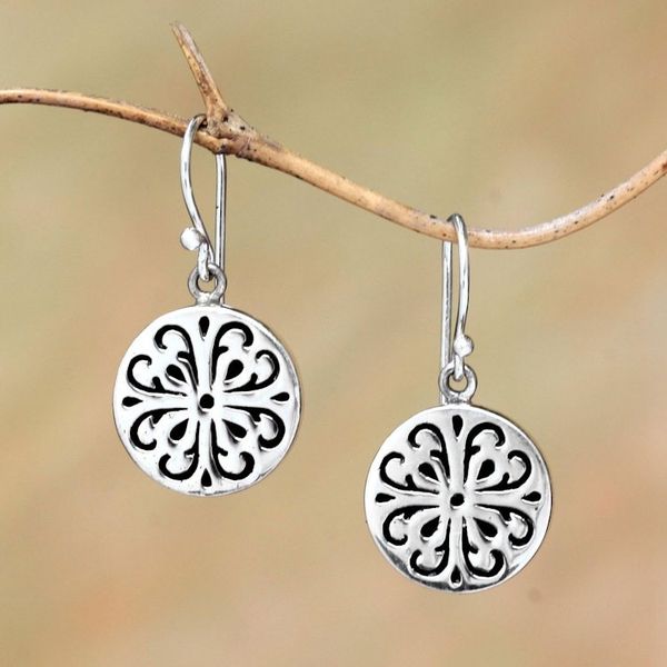 Alternate image for Circular Sterling Silver Dangle Earrings from Bali Lovely Medallions