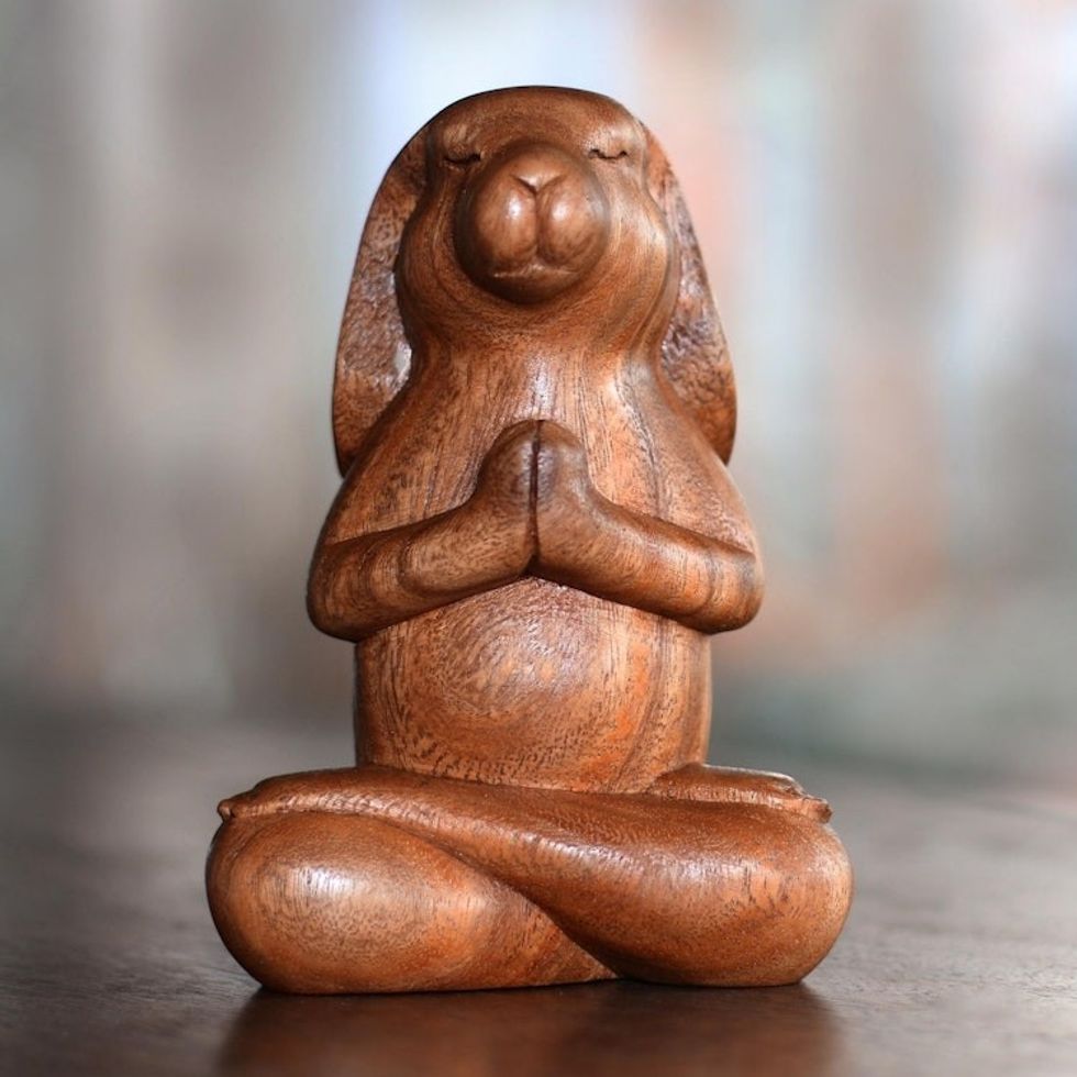 Suar Wood Praying Beagle Sculpture from Bali 'Praying Beagle in Brown'