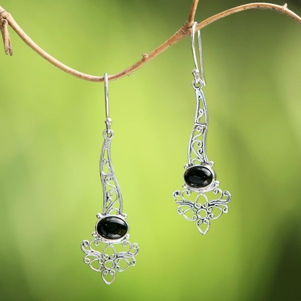 Alternate image for Onyx Sterling Silver Floral Motif Scrollwork Dangle Earrings Midnight Garden Breeze