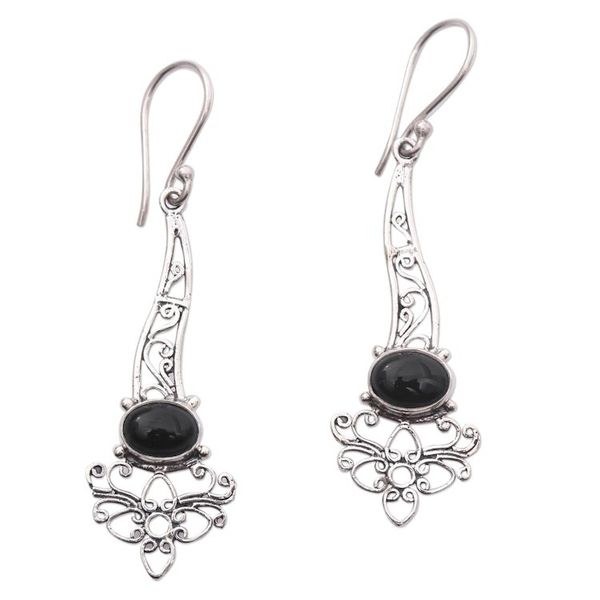 Alternate image for Onyx Sterling Silver Floral Motif Scrollwork Dangle Earrings Midnight Garden Breeze