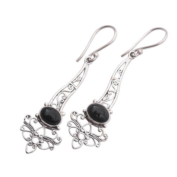 Alternate image for Onyx Sterling Silver Floral Motif Scrollwork Dangle Earrings Midnight Garden Breeze