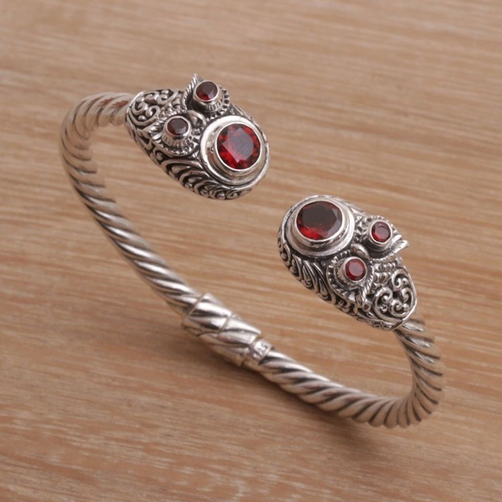 925 Sterling Silver Rope Cuff Bracelet with Garnet Stones 'Crimson Daydream'