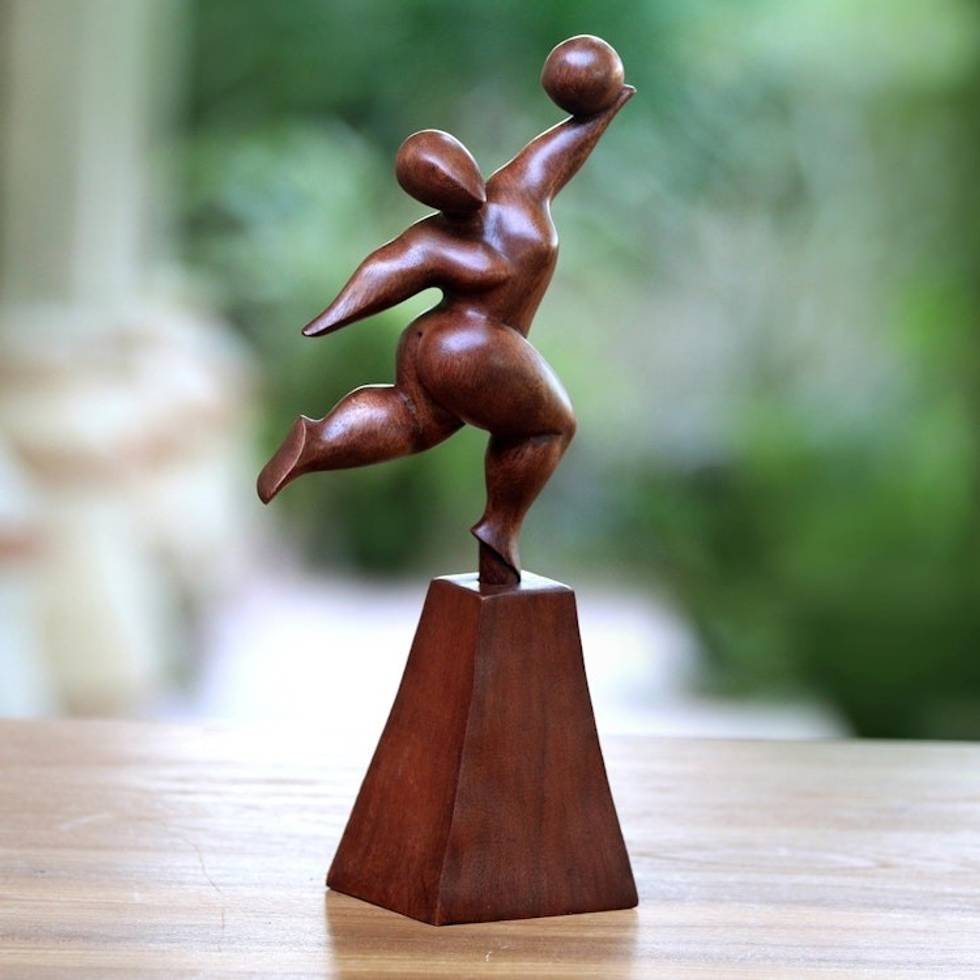 Suar Wood Female Form Exercise Sculpture from Bali 'Catch It'