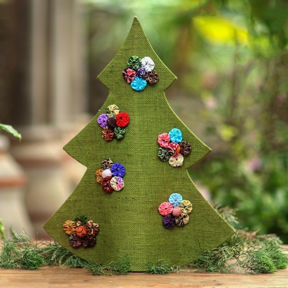 Handmade Green Batik Christmas Tree Decorative Sculpture 'Christmas in Batik in Green'
