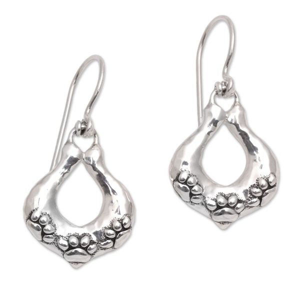 Alternate image for Sterling Silver Paw Motif Dangle Earrings from Bali Hopeful Paws
