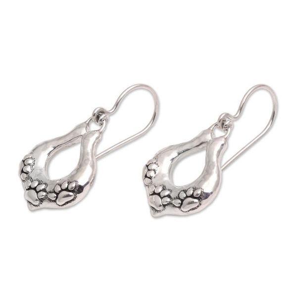 Alternate image for Sterling Silver Paw Motif Dangle Earrings from Bali Hopeful Paws