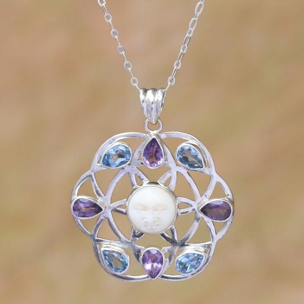 Blue Topaz and Amethyst Sun Face Pendant Necklace from Bali 'Matahari'
