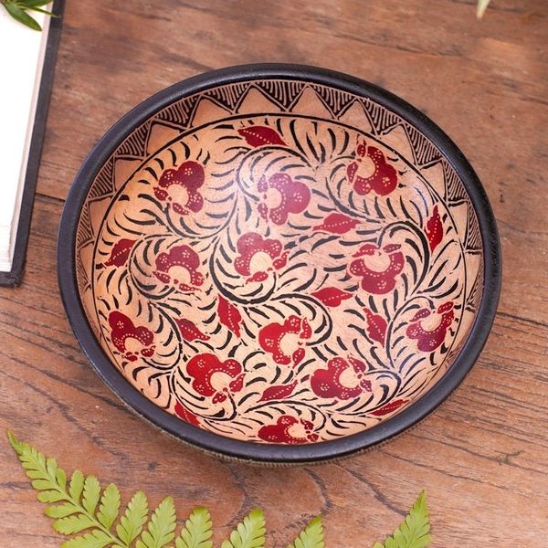 Alternate image for Floral Motif Batik Wood Decorative Bowl from Bali Lok Chan Flowers