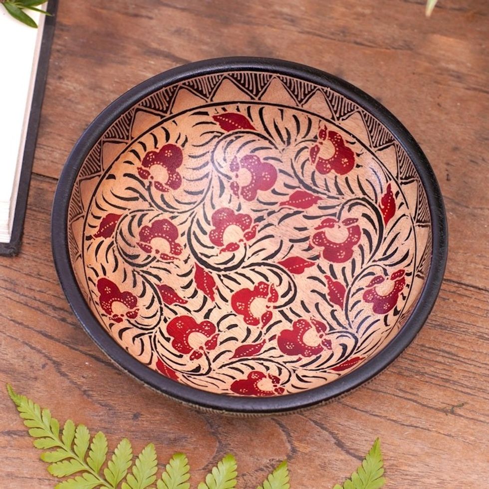 Floral Motif Batik Wood Decorative Bowl from Bali 'Lok Chan Flowers'