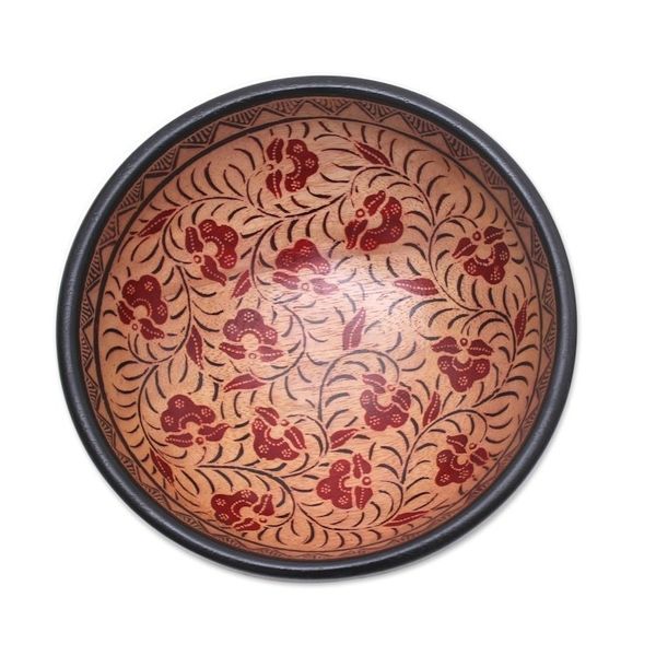 Alternate image for Floral Motif Batik Wood Decorative Bowl from Bali Lok Chan Flowers