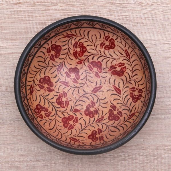 Alternate image for Floral Motif Batik Wood Decorative Bowl from Bali Lok Chan Flowers