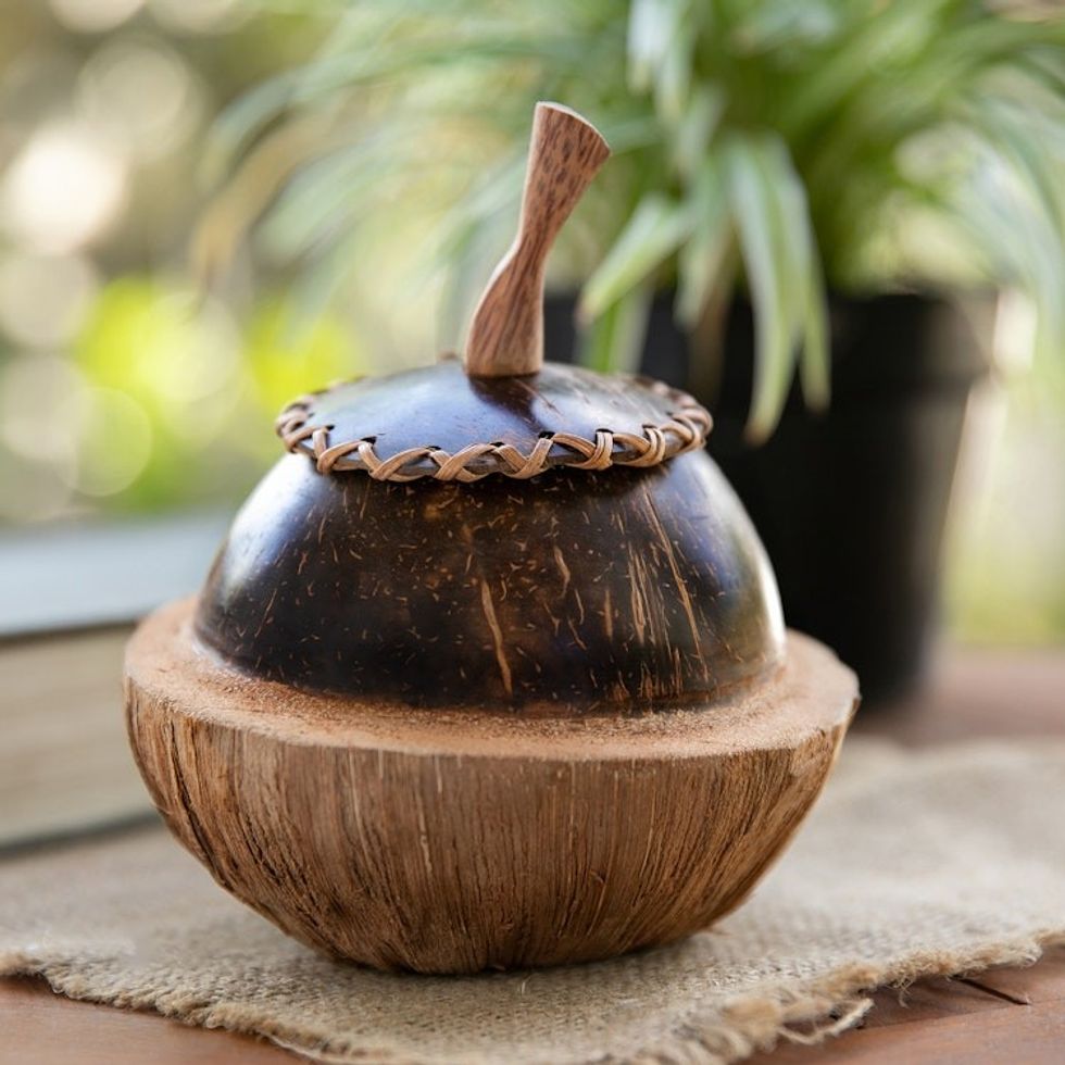 Coconut Shell Decorative Box Hand Carved in Bali 'Coco Keeper'
