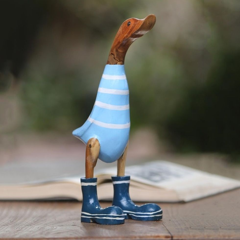 Acacia Wood and Bamboo Root Swimming Duck Sculpture 'Swimming Duck'