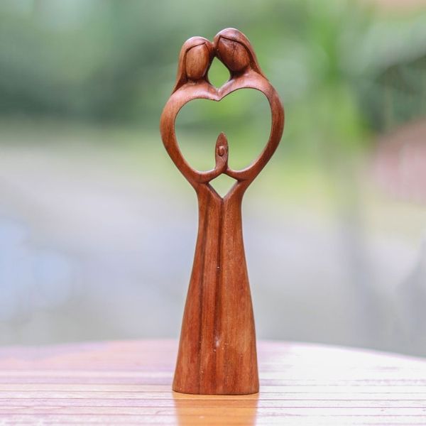 Alternate image for Hand-Carved Couple Family Love Suar Wood Heart Sculpture Piece of Me