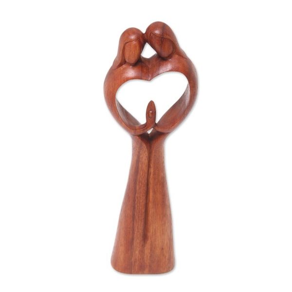 Alternate image for Hand-Carved Couple Family Love Suar Wood Heart Sculpture Piece of Me
