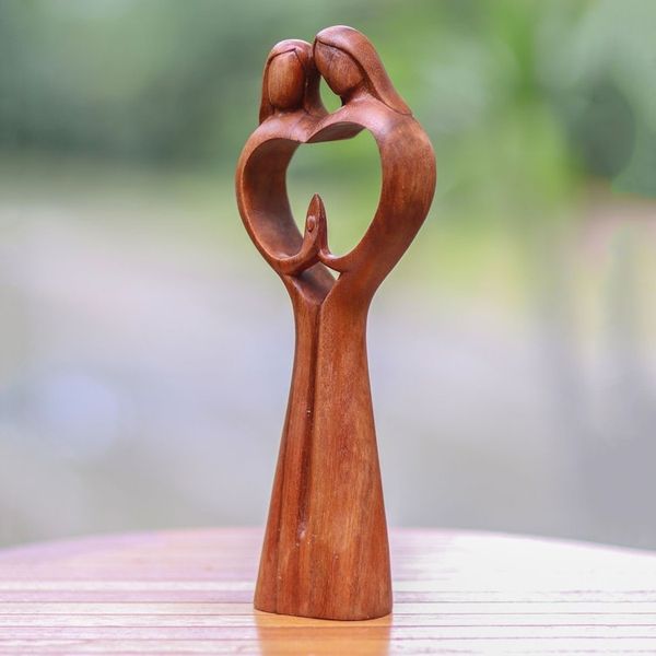Alternate image for Hand-Carved Couple Family Love Suar Wood Heart Sculpture Piece of Me