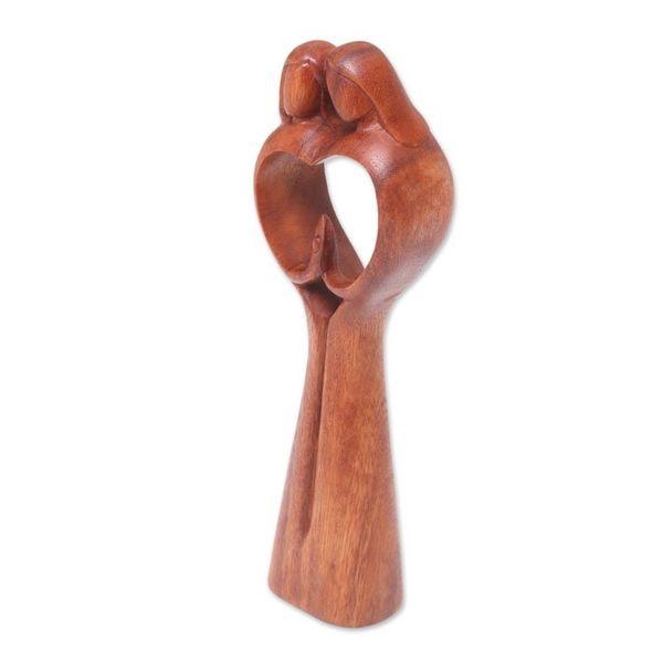 Alternate image for Hand-Carved Couple Family Love Suar Wood Heart Sculpture Piece of Me