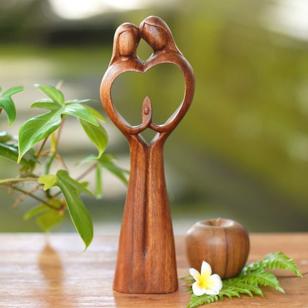 Alternate image for Hand-Carved Couple Family Love Suar Wood Heart Sculpture Piece of Me