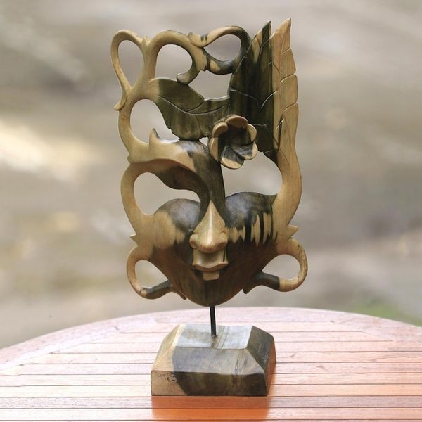 Alternate image for Hand-Carved Floral Hibiscus Wood Mask from Bali Goddess Flower
