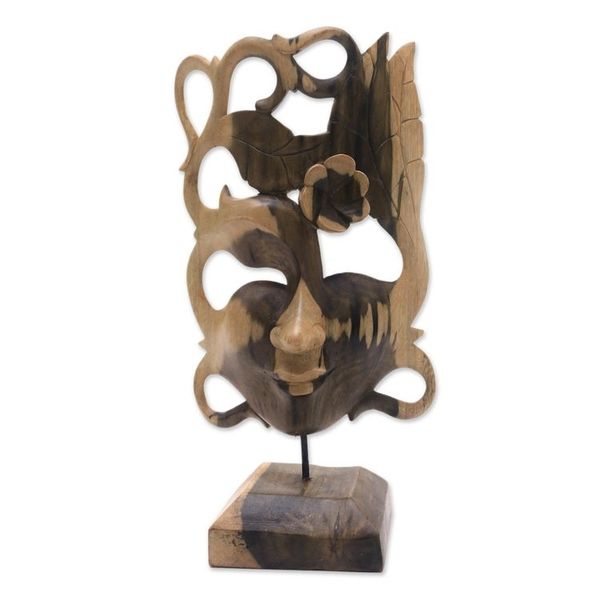 Alternate image for Hand-Carved Floral Hibiscus Wood Mask from Bali Goddess Flower