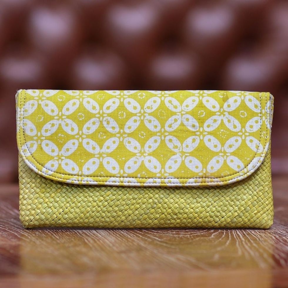 Hand Woven Lontar Leaf and Cotton Yellow Clutch Bag 'Truntum Dreams'