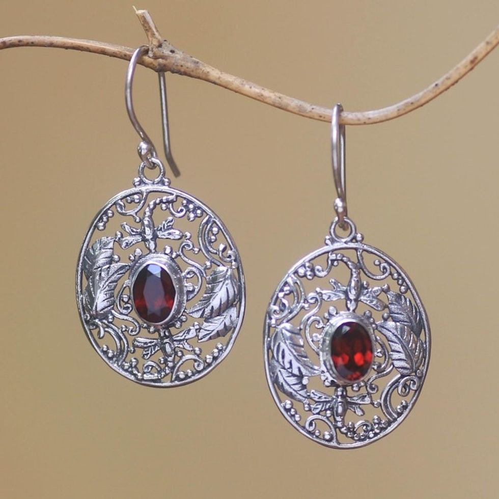 Dragonfly-Themed Garnet Dangle Earrings from Bali 'Oval Dragonfly World'