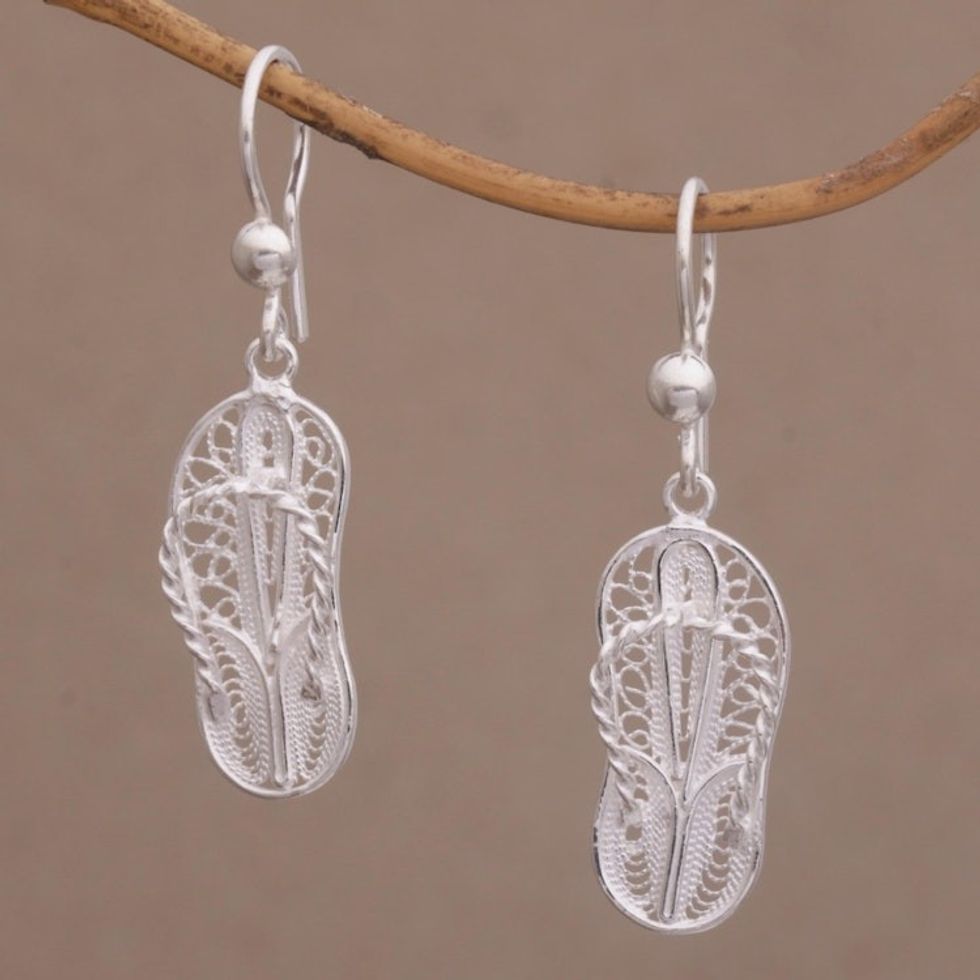 Javanese Filigree Sterling Silver Slipper Dangle Earrings 'Java Slippers'
