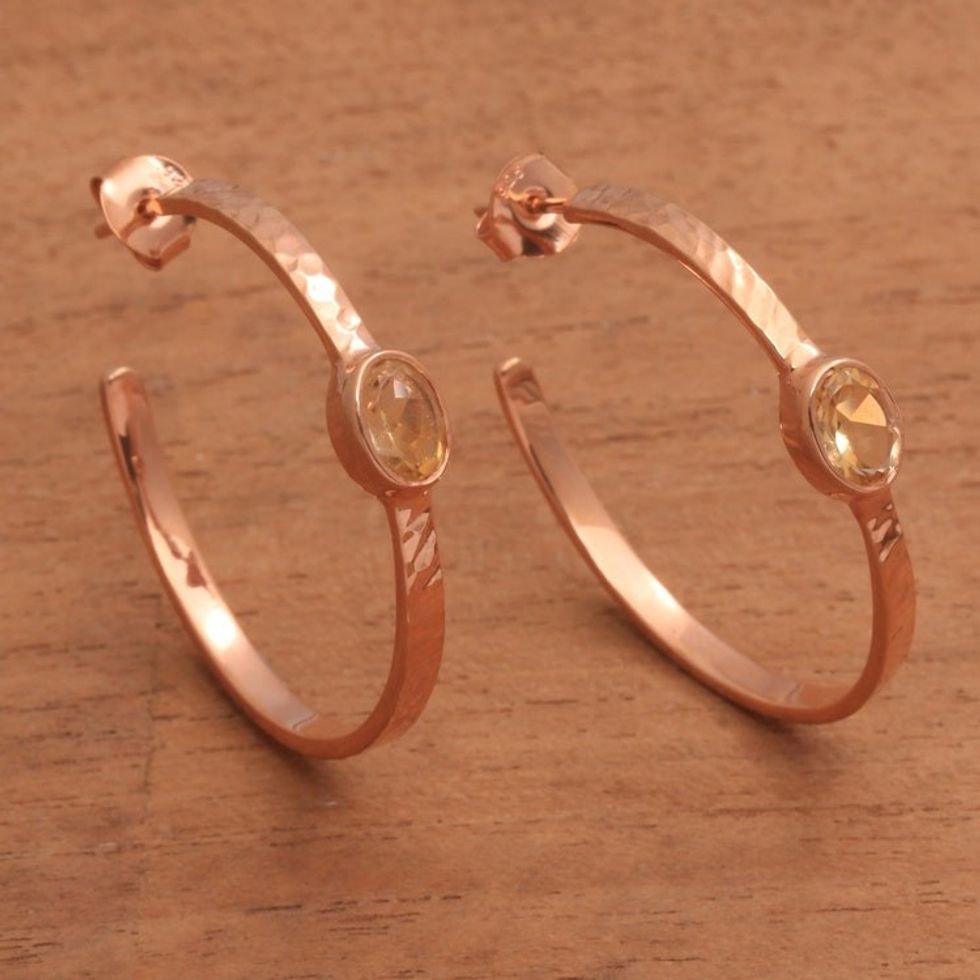Rose Gold Plated and Yellow Citrine Half-Hoop Earrings 'Paradox'