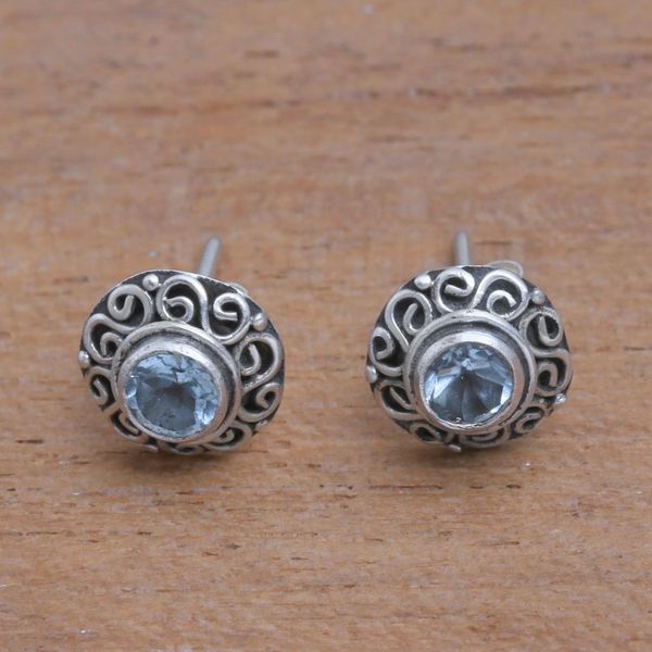 Alternate image for Swirl Pattern Blue Topaz Stud Earrings from Bali God Eye