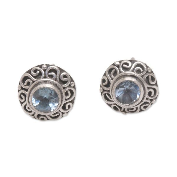 Alternate image for Swirl Pattern Blue Topaz Stud Earrings from Bali God Eye