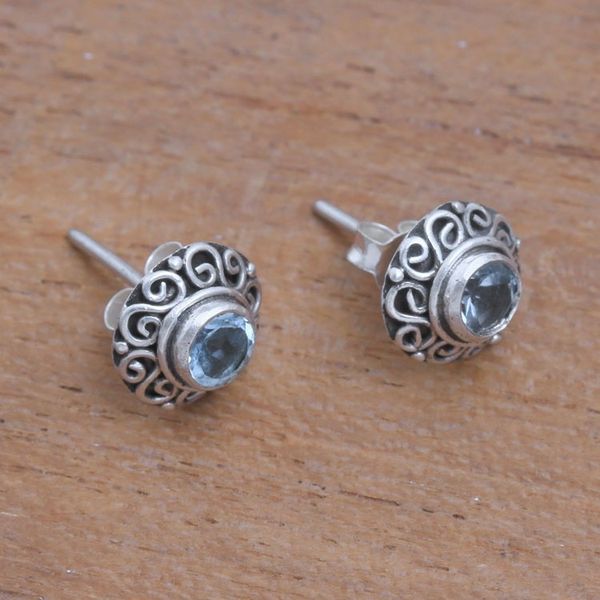 Alternate image for Swirl Pattern Blue Topaz Stud Earrings from Bali God Eye