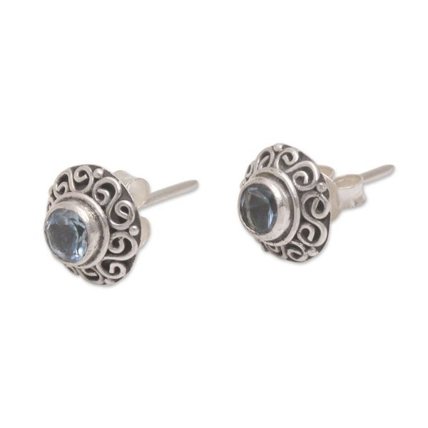 Alternate image for Swirl Pattern Blue Topaz Stud Earrings from Bali God Eye