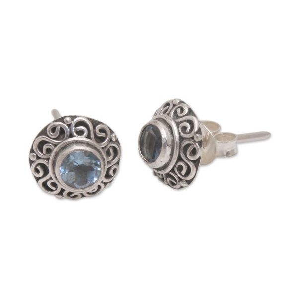 Alternate image for Swirl Pattern Blue Topaz Stud Earrings from Bali God Eye