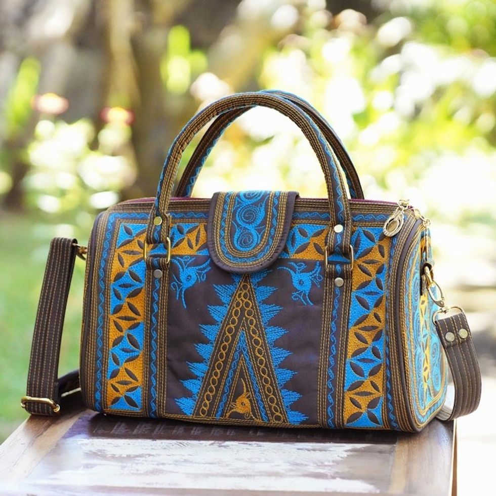 Embroidered Cotton Handle Handbag in Saffron and Teal 'Banda Bay'