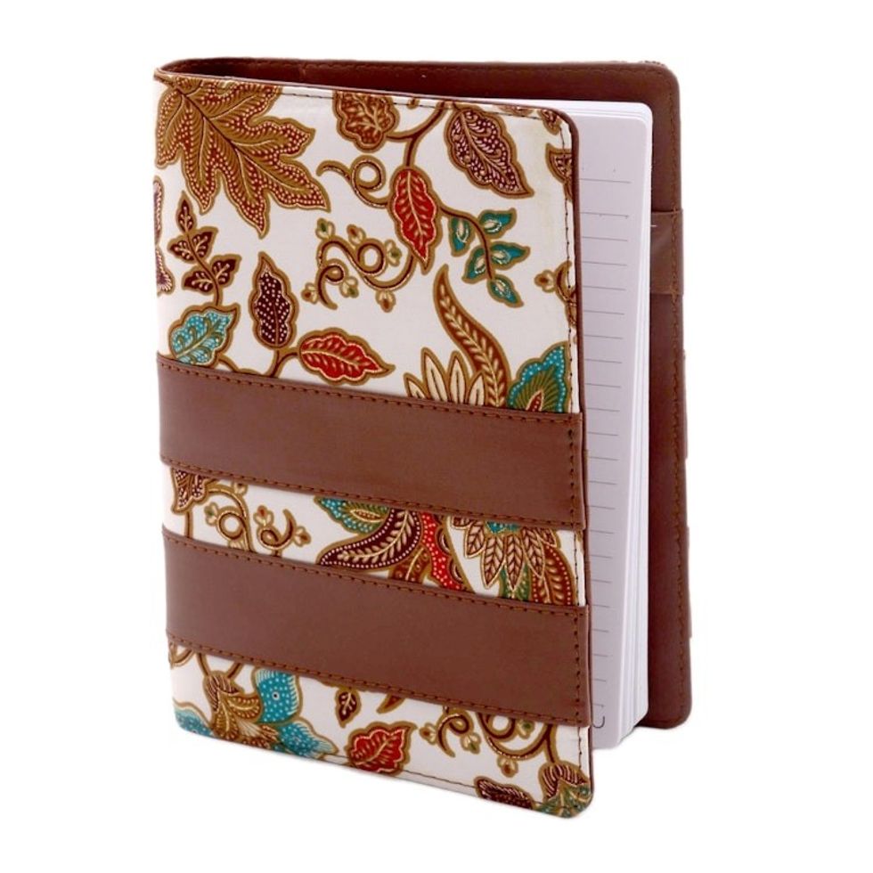 Brown Faux Leather and Cotton Leaf Print Fifty-Page Planner 'Noteworthy'