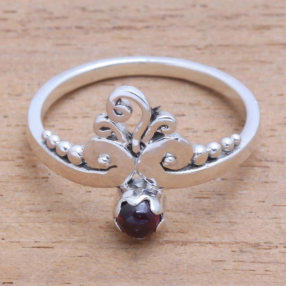 Vine Motif Garnet Band Ring from Bali 'Vine Royalty'