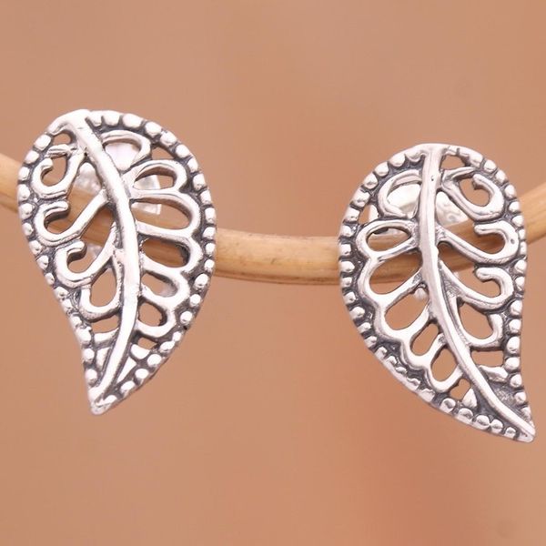 Alternate image for Balinese Leaf Shaped Sterling Silver Drop Earrings Leafy Wonder
